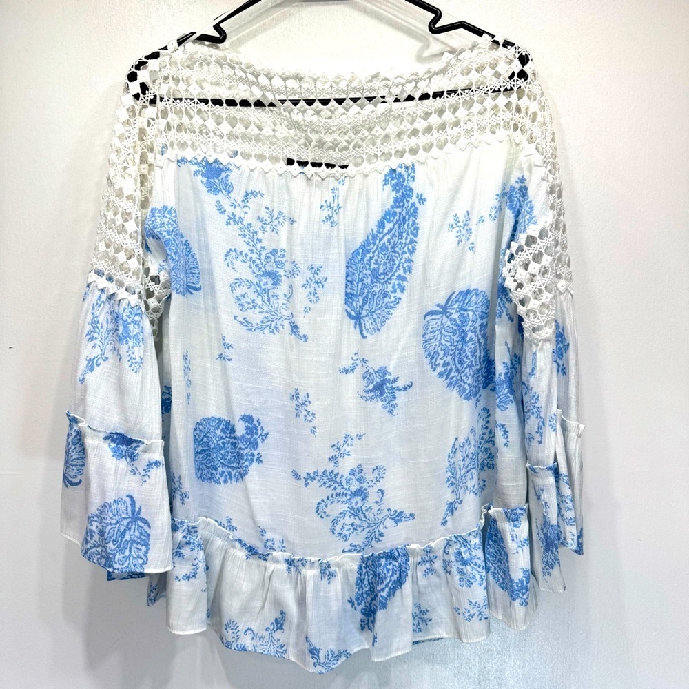 White & Blue Boho Floral Gauzy Crochet Lace Bell Sleeve Blouse by Zac & Rachel